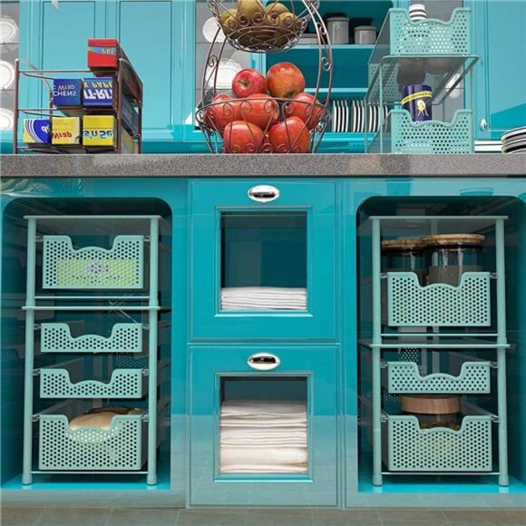 Simple Houseware Stackable 3 Tier Sliding Basket Organizer Drawer, Turquoise - Picture 6 of 6